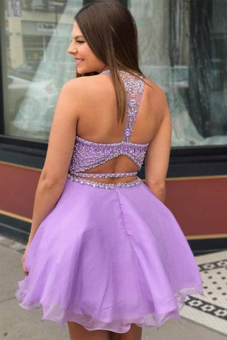 Zweiteiliges, hochgeschlossenes, fliederfarbenes Chiffon-Heimkehrkleid mit Perlenbesatz PD335