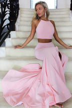 Two Piece High Neck Mermaid Satin Pink Long Prom Dress with Split  PG892