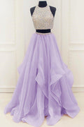 Robe de soirée ou de bal en organza lilas à col haut et perles, en deux pièces  PG930