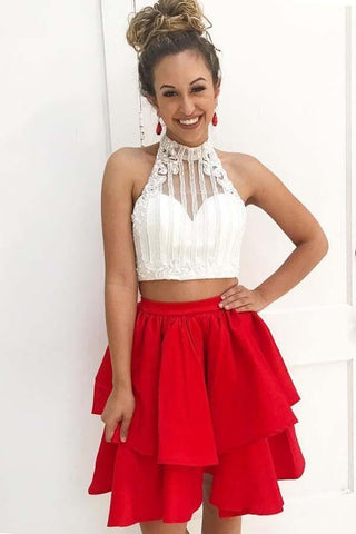 Zweiteiliges, hochgeschlossenes, kurzes rotes Satin-Heimkehrkleid mit Perlenbesatz PD164