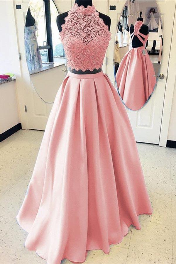 Zweiteiliges hellblaues Spitzen-Ballkleid mit hohem Halsausschnitt, Abendkleid PG944