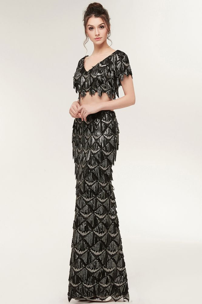 Zweiteilige Meerjungfrau V-Ausschnitt Kurze Ärmel Lange Pailletten Schwarze Ballkleider