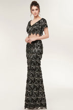 Zweiteilige Meerjungfrau V-Ausschnitt Kurze Ärmel Lange Pailletten Schwarze Ballkleider