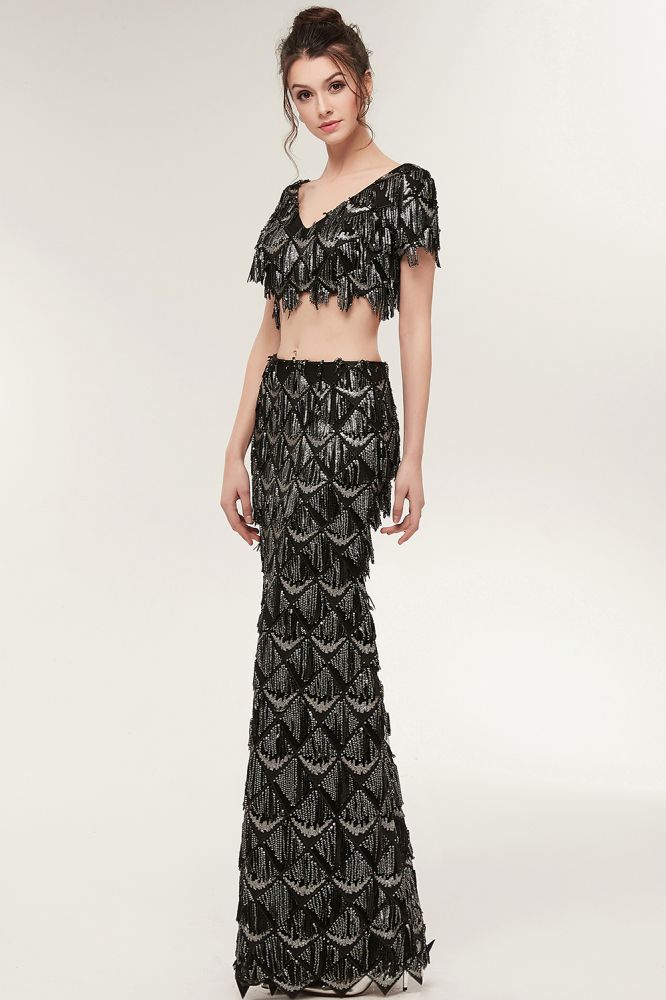 Zweiteilige Meerjungfrau V-Ausschnitt Kurze Ärmel Lange Pailletten Schwarze Ballkleider