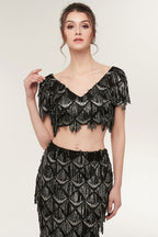 Zweiteilige Meerjungfrau V-Ausschnitt Kurze Ärmel Lange Pailletten Schwarze Ballkleider