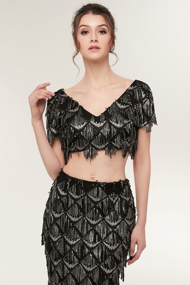 Zweiteilige Meerjungfrau V-Ausschnitt Kurze Ärmel Lange Pailletten Schwarze Ballkleider