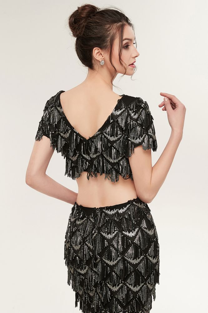 Zweiteilige Meerjungfrau V-Ausschnitt Kurze Ärmel Lange Pailletten Schwarze Ballkleider