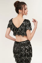 Zweiteilige Meerjungfrau V-Ausschnitt Kurze Ärmel Lange Pailletten Schwarze Ballkleider