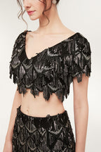 Zweiteilige Meerjungfrau V-Ausschnitt Kurze Ärmel Lange Pailletten Schwarze Ballkleider