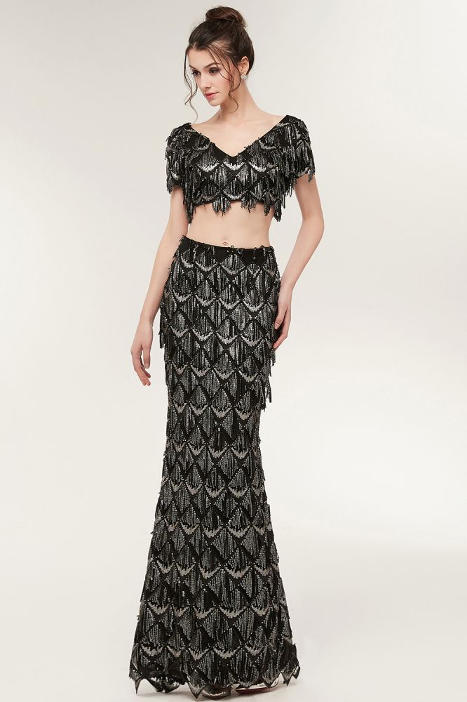 Zweiteilige Meerjungfrau V-Ausschnitt Kurze Ärmel Lange Pailletten Schwarze Ballkleider