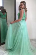 Two Piece Chiffon Beading Mint Green Long Prom Dress PSK036