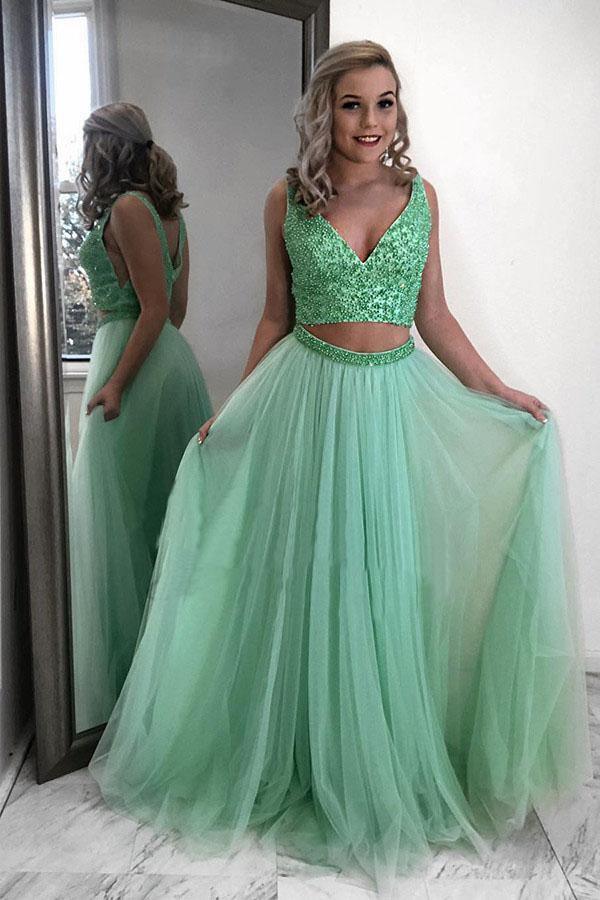 Vestido de festa comprido verde menta com missangas e chiffon, duas peças, PSK036