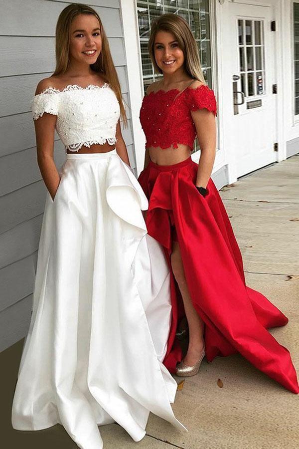 Vestido de festa de duas peças, ombro à mostra, manga curta, fúcsia, com bolsos PSK120