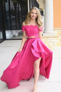 Abito da Ballo in Due Pezzi con Scollatura a Spalle Scoperte, Maniche Corte e Tasche, Colore Fuchsia, Modello PSK120
