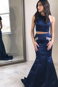Abito da Ballo in Satin Blu Marina Due Pezzi con Scollo Tondo, Tasche e Ricami PG722