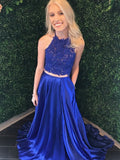 Robe de bal formelle deux pièces bleu royal longue en satin de dentelle bretelles évasée avec poches