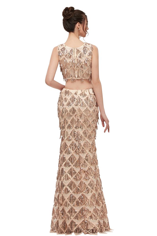 Zweiteiliges ärmelloses Meerjungfrau-Ballkleid in Bodenlänge mit Pailletten in Champagner