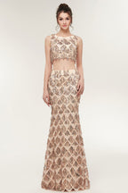 Zweiteiliges ärmelloses Meerjungfrau-Ballkleid in Bodenlänge mit Pailletten in Champagner