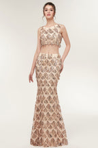 Zweiteiliges ärmelloses Meerjungfrau-Ballkleid in Bodenlänge mit Pailletten in Champagner