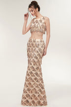 Zweiteiliges ärmelloses Meerjungfrau-Ballkleid in Bodenlänge mit Pailletten in Champagner