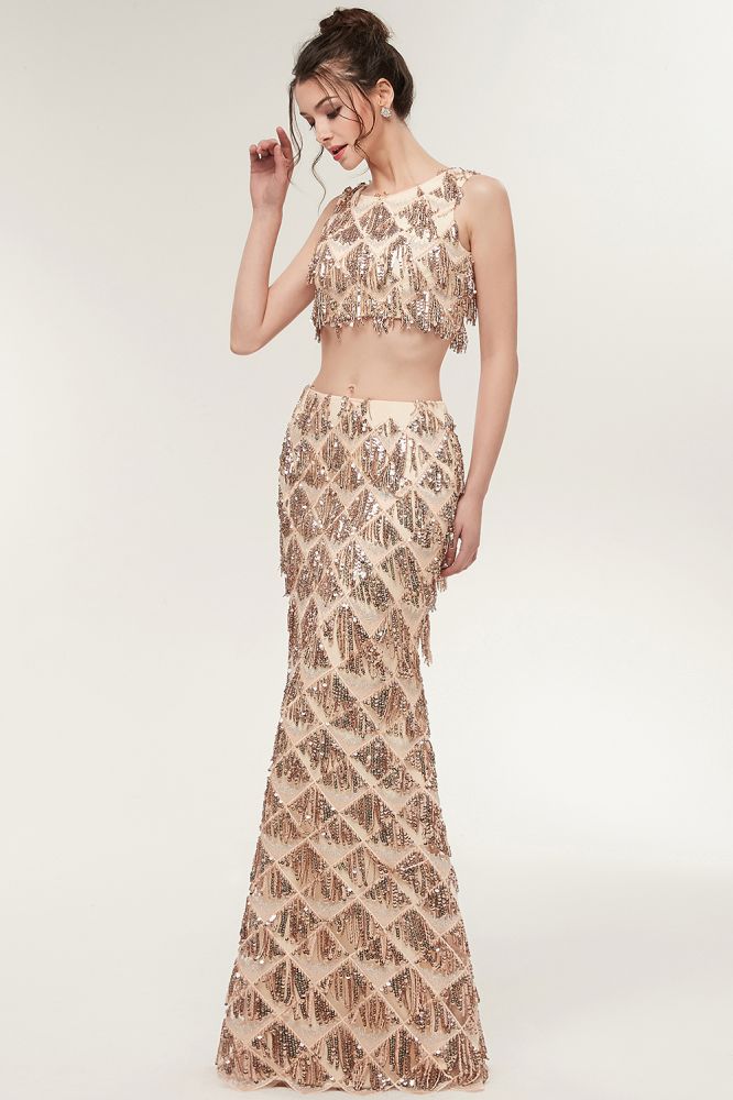 Zweiteiliges ärmelloses Meerjungfrau-Ballkleid in Bodenlänge mit Pailletten in Champagner