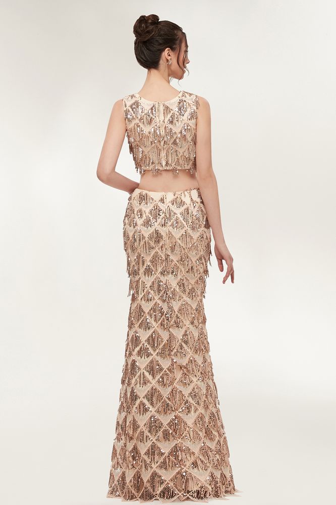 Zweiteiliges ärmelloses Meerjungfrau-Ballkleid in Bodenlänge mit Pailletten in Champagner