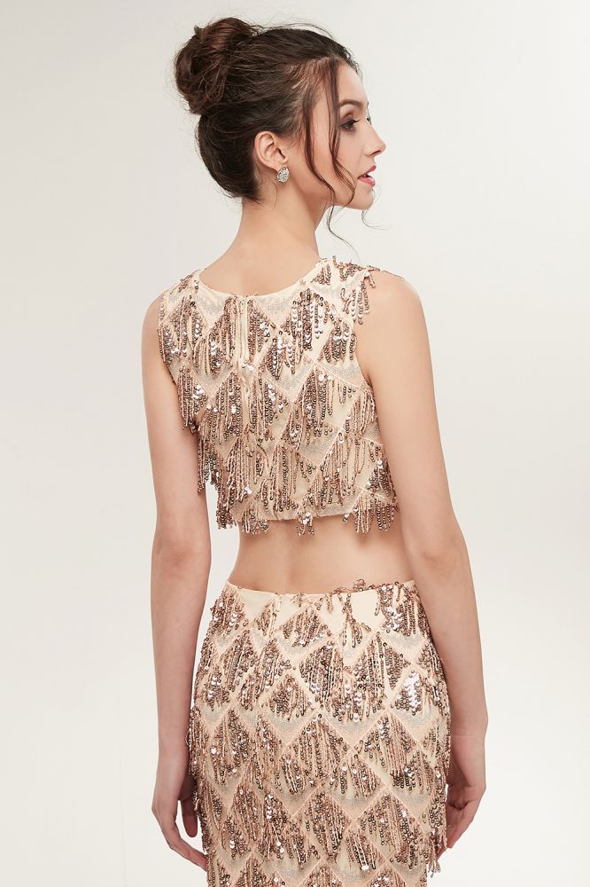 Zweiteiliges ärmelloses Meerjungfrau-Ballkleid in Bodenlänge mit Pailletten in Champagner