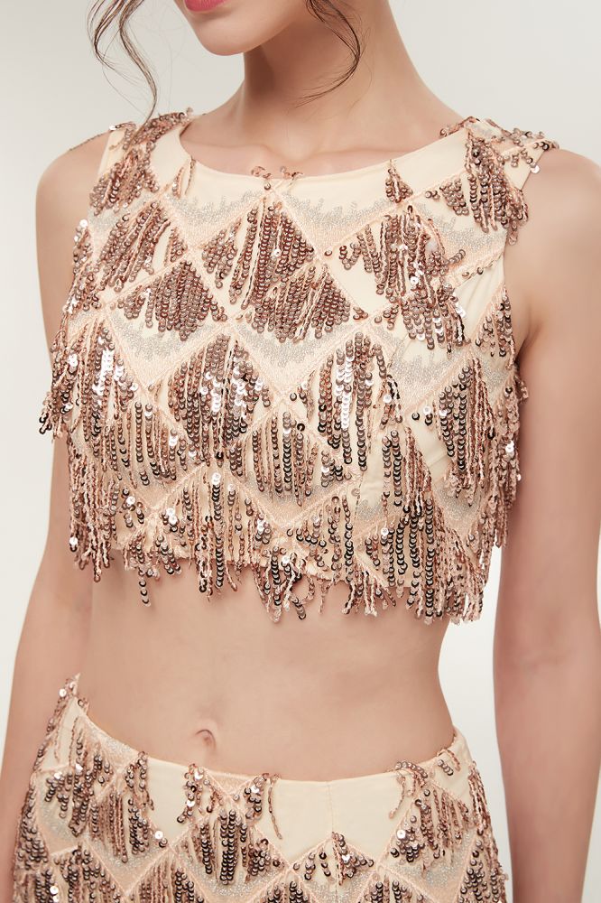 Zweiteiliges ärmelloses Meerjungfrau-Ballkleid in Bodenlänge mit Pailletten in Champagner