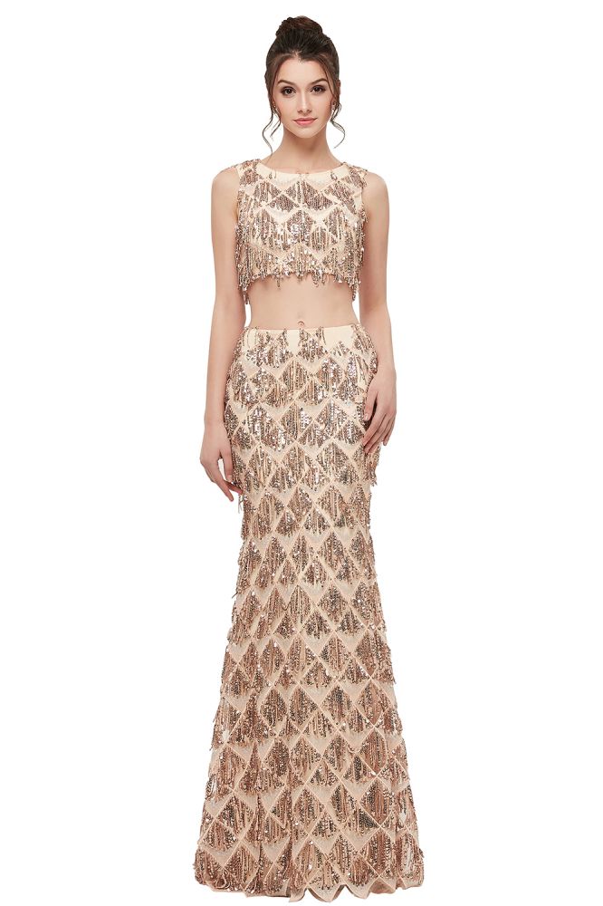 Zweiteiliges ärmelloses Meerjungfrau-Ballkleid in Bodenlänge mit Pailletten in Champagner