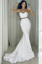 Two Piece Strapless Long Mermaid White Prom Dress