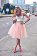 Abito da Ballo Homecoming in Tulle Rosa a Due Pezzi con Spalline Sottili e Senza Maniche PG100