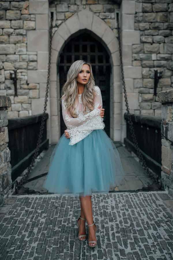 Two Piece Tulle See Through Long Sleeve Lace Homecoming Dress PD208