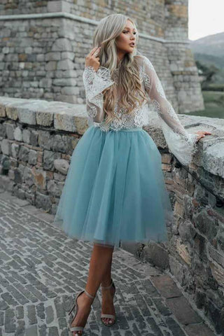 Zweiteiliges, durchsichtiges Tüll-Heimkehrkleid mit langen Ärmeln und Spitze, PD208