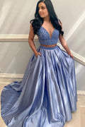 Vestido de Noche de Dos Piezas con Escote en V Azul Satén para Baile de Graduación con Abalorios PSK126