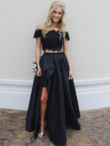 Zweiteiliges, schulterfreies, langes Ballkleid aus Spitze in A-Linie mit Schlitz, hoch und tief, schwarze Abendkleider