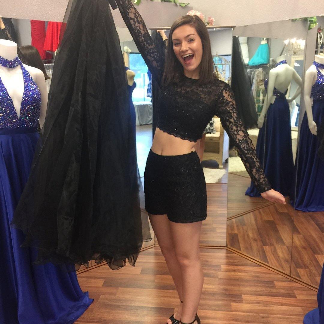 Zweiteiliges schwarzes A-Linien-Ballkleid mit langen Ärmeln und Rundhalsausschnitt, PG912