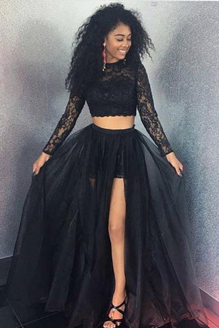 Zweiteiliges schwarzes A-Linien-Ballkleid mit langen Ärmeln und Rundhalsausschnitt, PG912