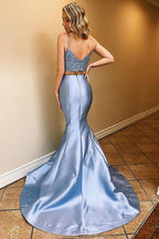 Vestidos de baile em cetim com renda azul e sereia, duas peças, PSK159