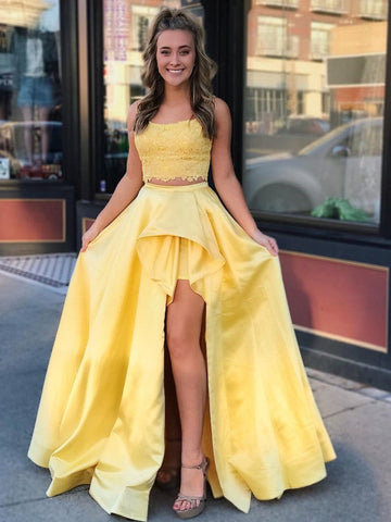 Two Pieces High Low A-line Satin Lace Yellow Prom Formal Dresses