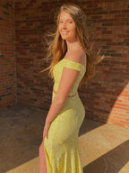 Two Pieces Mermaid Off Shoulder Satin Long Prom Dresses with Slit Yellow Formal Evening Gowns
