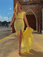 Two Pieces Mermaid Off Shoulder Satin Long Prom Dresses with Slit Yellow Formal Evening Gowns
