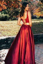 Two Pieces Sleeveless Split Criss Cross Burgundy Prom Dress  PG745