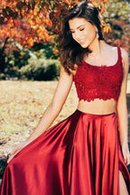 Two Pieces Sleeveless Split Criss Cross Burgundy Prom Dress  PG745