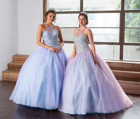 Zweifarbiges Quinceanera-Kleid mit Perlenbesatz und Neckholder von Calla KY79398