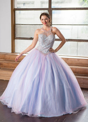 Zweifarbiges Quinceanera-Kleid mit Perlenbesatz und Neckholder von Calla KY79398