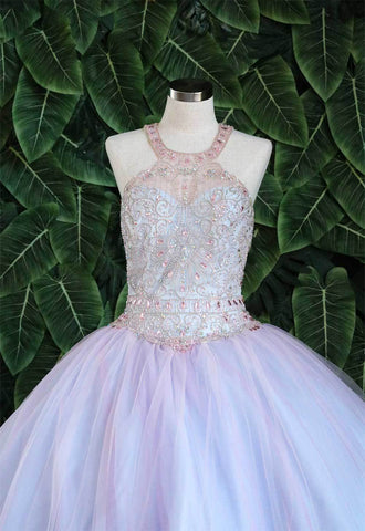 Zweifarbiges Quinceanera-Kleid mit Perlenbesatz und Neckholder von Calla KY79398