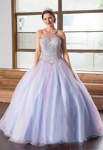 Zweifarbiges Quinceanera-Kleid mit Perlenbesatz und Neckholder von Calla KY79398