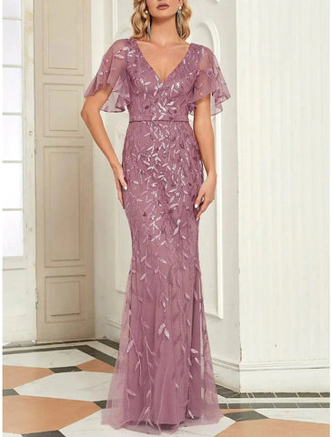 Meerjungfrau/Trompete Kleid für die Mutter der Braut, Hochzeitsgast, funkelnd und glänzend, elegant, V-Ausschnitt, bodenlang, mit Pailletten, kurze Ärmel mit Falten, Pailletten