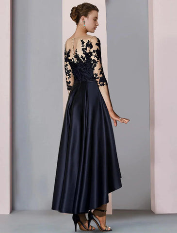 Kleid für die Mutter der Braut, Hochzeitsgast, elegant, hoch, tief, U-Ausschnitt, asymmetrisch, knielang, Satin, Spitze, 3/4-Ärmel mit Falten