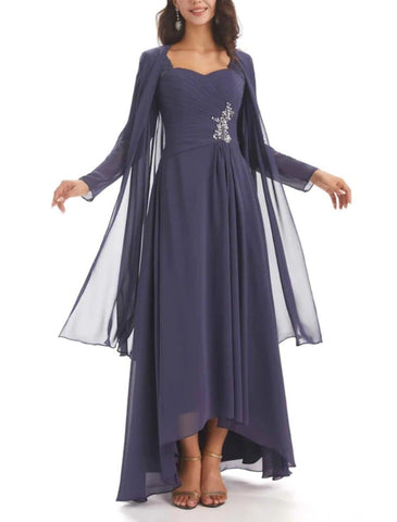 Zweiteiliges A-Linien-Kleid für die Mutter der Braut, Hochzeitsgast, elegant, Herzausschnitt, asymmetrisch, knöchellang, Chiffon, lange Ärmel, mit Kristallbrosche, Rüschen, einfarbig